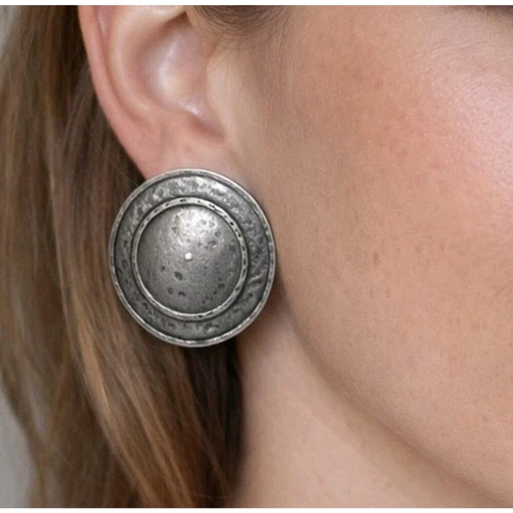 Vintage Large Silver Hammered Metal Pierced Earrings 1 7/8" Statement sp-33